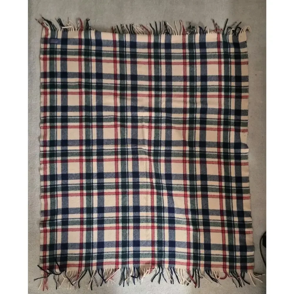 Pendleton Green Plaid Fringe Made In USA Virgin Wool Blanket 64x52 in VTG